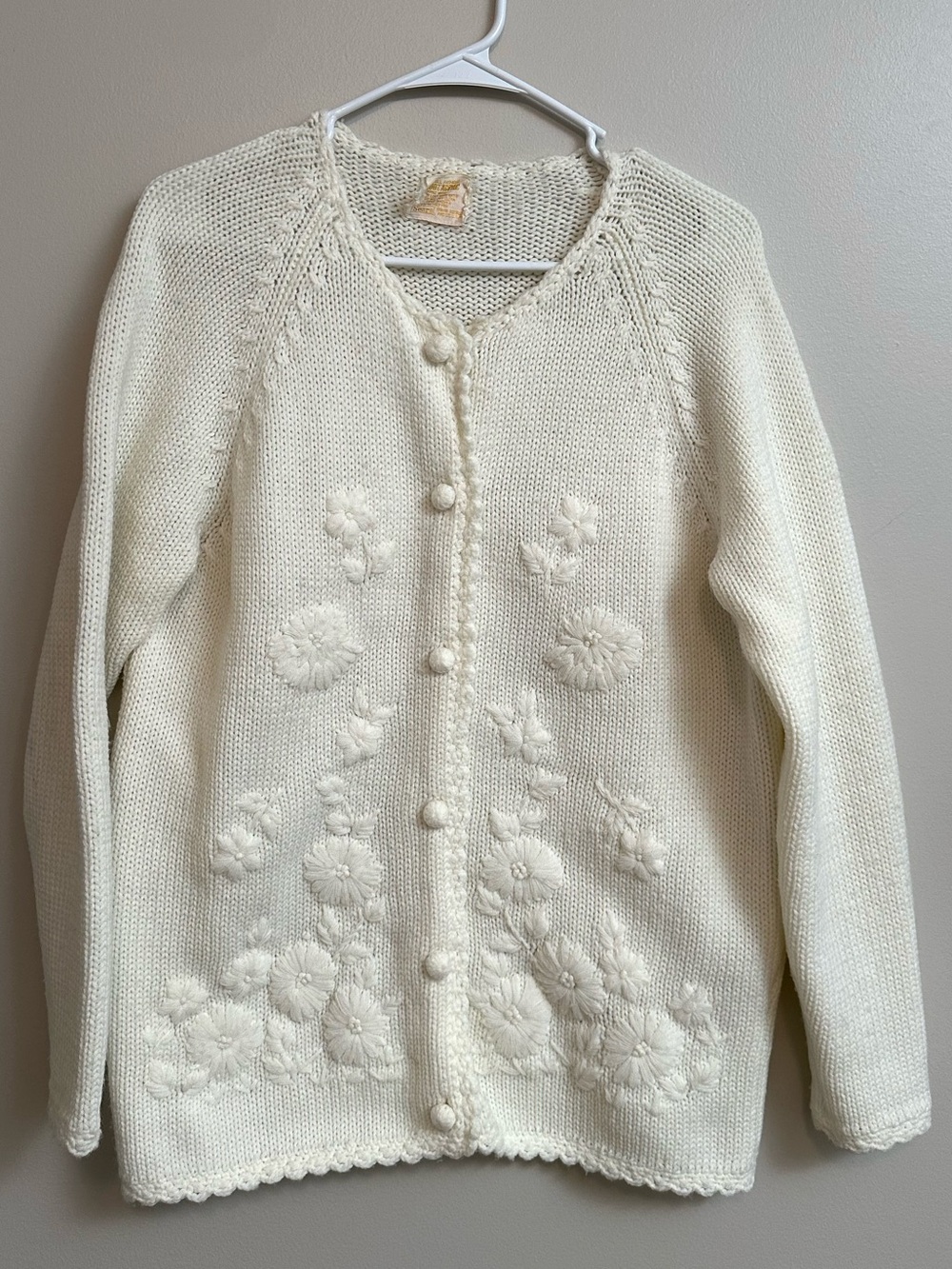 Vintage Sears Ivory Floral Embroidered Cardigan Cottagecore Grandmacore